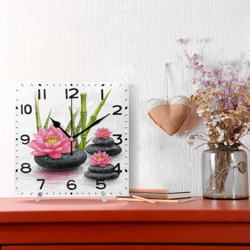Moderate 8 Inch Square Wall Clock, Zen Bamboo Stones Pink Lotus Flower Non - Image 4