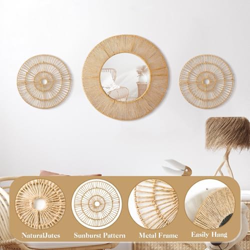 Yerliker 3 Pcs Boho Mirror Wall Decor, Natural Jute Woven Round Mirror - Image 4