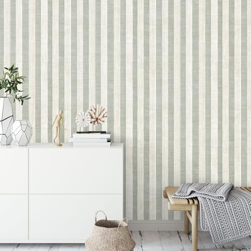 Sage Green and Cream White Textured Striped Peel and Stick Wallpaper, Self - Image 3