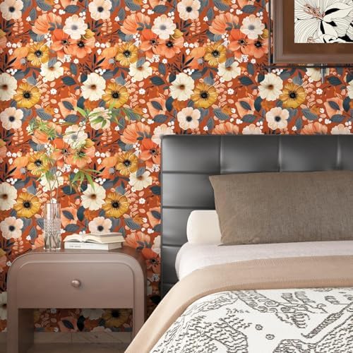 BOKEBEVE Floral Wallpaper Peel and Stick Boho Vintage Orange 17.5 x 393.5In - Image 3