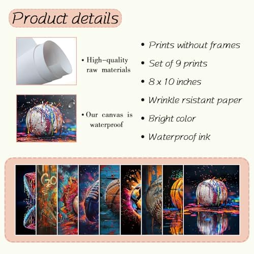 Msvenors Sports Canvas Wall Art Set of 9, Graffiti Style Basketball Baseball - Image 6