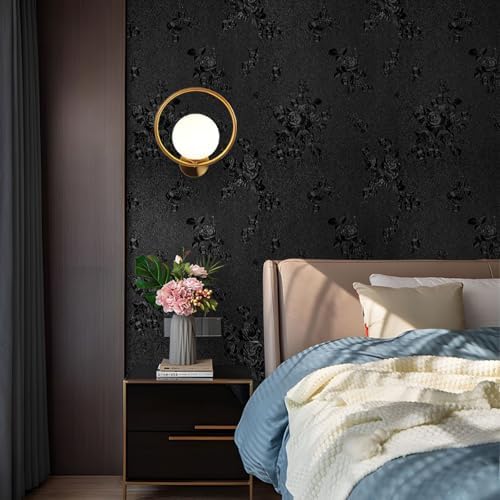 Black Peel and Stick Wallpaper Floral Black Wallpaper 18in x 118in - Image 3