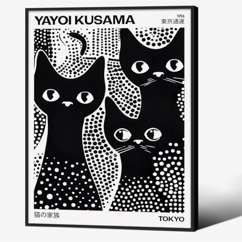 Cute Black Cat Poster Japanese Yayoi Kusama Wall Art 12X16 inch Black Framed by rumlud