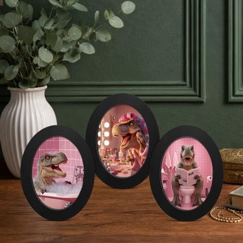 3Pcs Cute Pink Dinosaur Bathroom Oval Wall Art Framed Trendy Preppy Decor - Image 4