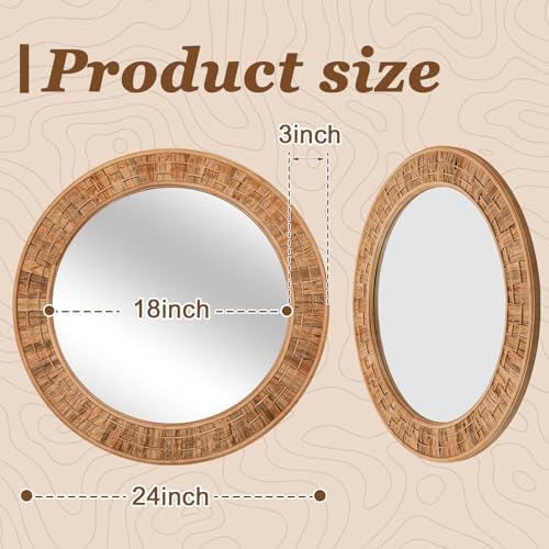 Vercraft 24 Inch Round Rattan Wicker Mirror, Rustic Boho & Farmhouse Style - Image 2