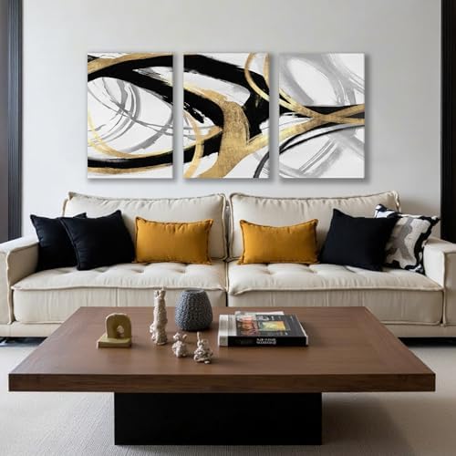 DUWQU Triptych Black Gold White abstract Lines Canvas Wall Art 20x30 in x3 - Image 2
