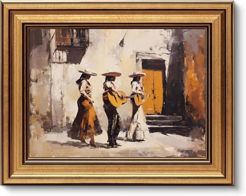 Gold Framed Wall Art, Mexican Mariachi Canvas Prints, Vintage Mexican Street by YDNAKLX