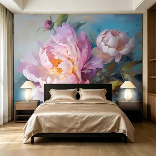 Large Pink Peony self-Adhesive Oil Painting, Impressionist Style Floral murals by SIDIANYA