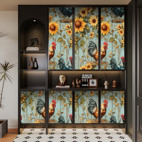 Sunflowers Rooster Peel and Stick Wallpaper 3D Printed Wood Vintage - Image 6