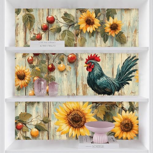 Sunflowers Rooster Peel and Stick Wallpaper Artistic Wood Vintage Pattern - Image 4