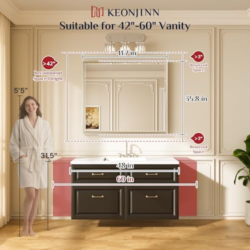 Keonjinn 42" x 36" Brushed Gold Bathroom Mirror, Safe HD Tempered Glass - Image 2