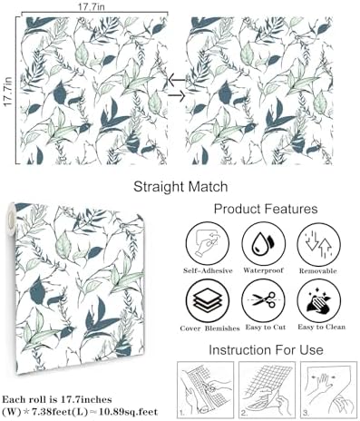 Sage Green and Blue Leaf Peel and Stick Wallpaper 17.7in x 88.5in - Image 4