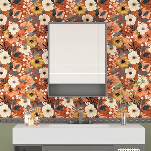 BOKEBEVE Floral Wallpaper Peel and Stick Boho Vintage Orange 17.5 x 118In - Image 6