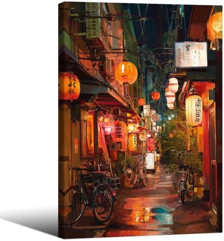 Japanese Tokyo Tea House Canvas Wall Art Asian Lantern Street Night Scene by Unknown
