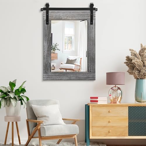AAZZKANG Barn Door Rustic Mirror Large Wood Framed Wall Mirror 30"x22" - Image 6