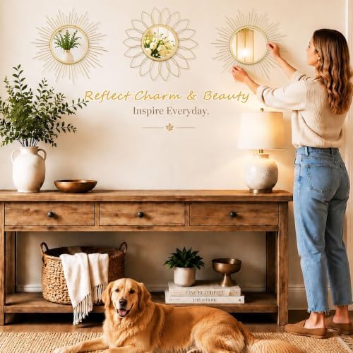 3 Pack Metal Mirrors for Wall Gold Sunburst Wall Mirror Home Decor Wall Art - Image 3