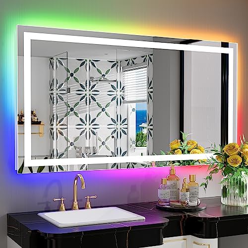 55x30 LED Bathroom Mirror with Lights, RGB Backlit Lighted Mirror by YEELAIT