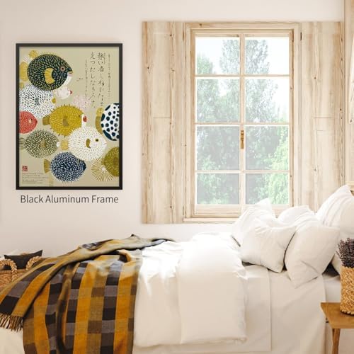 Black Framed Japanese Canvas Wall Art Vintage Puffer Fish Prints Posters - Image 7