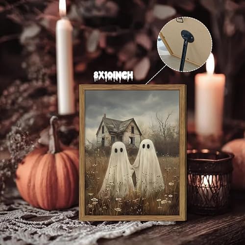 Framed Vintage Halloween Ghost Wall Art, Cute Two Ghost Holding Hands Canvas - Image 2