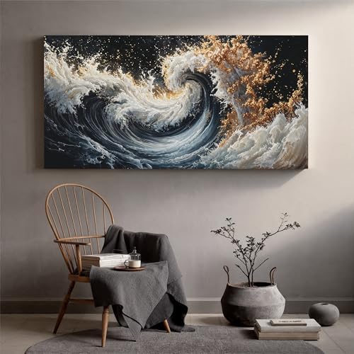 YISXINOAG Blue Gold Ocean Wall Art Coastal Abstract Painting Canvas 29"X58" - Image 6