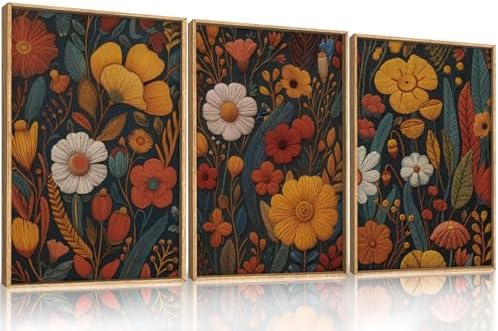 Large Boho Floral Framed Canvas Wall Art Set 16"x24"x3 - Image 5