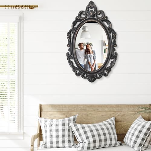 Oval Mirror Black Wooden Hanging Mirrors Carved Wall Mirror Baroque Style Frame - Image 3