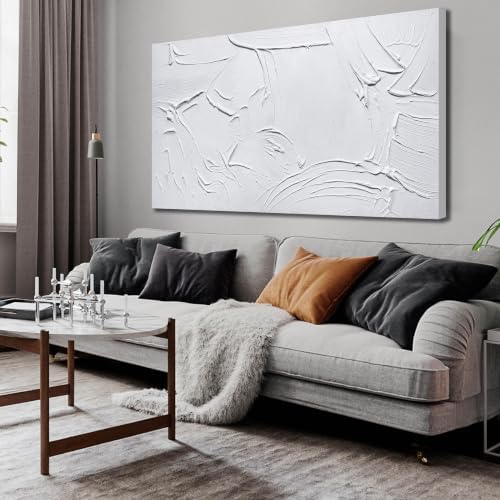 White Wall Art Bedroom Abstract Oil Painting Living Room 24 X 47 Inch by HUBOSKNCANVASWALLART