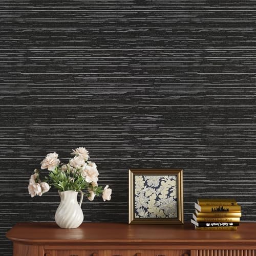 VEELIKE Black Grasscloth Wallpaper Textured Black Grasscloth Peel and Stick - Image 5