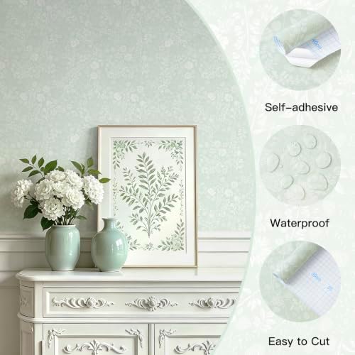 Guvana Sage Green and White Peel and Stick Wallpaper Floral Wallpaper Slef - Image 2