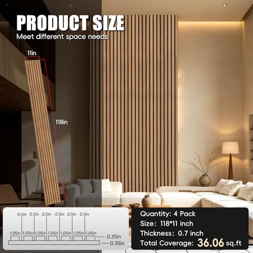 RITOLLO Wood Panels for Wall, 4 Pack Wood Slat Acoustic Panels, 118 x 11 in 3D - Image 2