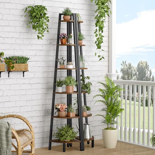 Hoctieon Corner Shelf, 6-Tier Corner Bookshelf, Rustic Ladder Shelf, Industrial - Image 4