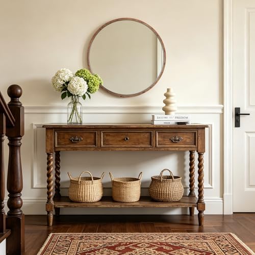 WallBeyond 32 Inch Round Wood Mirror, Burlwood Grain Wood Frame Circle Mirror - Image 3