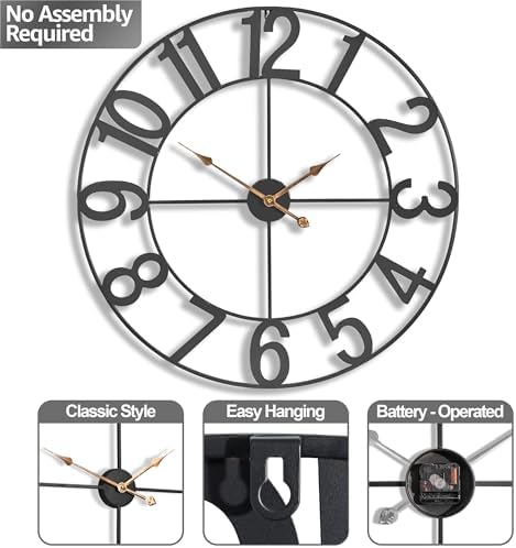 Sorbus Large Wall Clock, Metal Frame, Battery Powered - Image 4