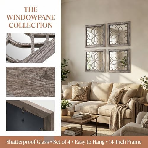 Set of 4 14 Inch Square Maroon Window Pane Wall Mirrors, Shatterproof Rustic - Image 4