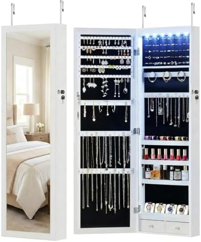 DUMOS 6 LEDs Mirror Jewelry Cabinet, Wall or Door Mounted Jewelry Organizer by DumosLifestyle