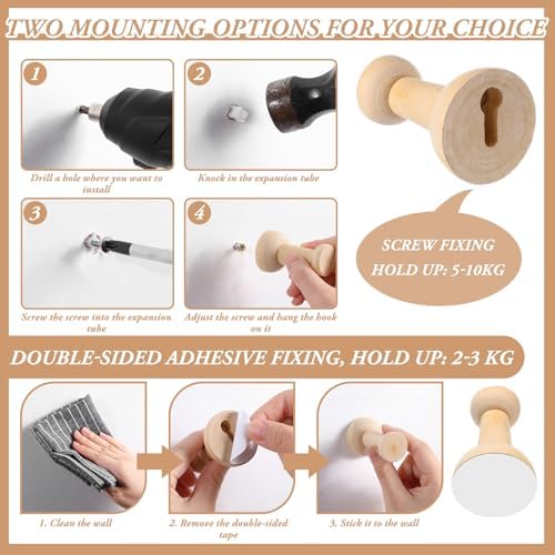 6 Pack Natural Wooden Adhesive Coat Hooks, Rustic Wall Hangers - Image 4