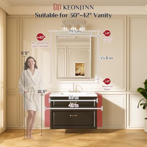 Keonjinn 30" x 36" Gold Bathroom Mirror, HD Tempered Glass, Aluminum Alloy - Image 2
