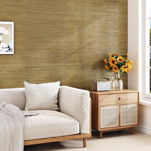 WESTICK Brown Gold Textured Grasscloth Wallpaper Removable Vinyl Textured Gold - Image 2