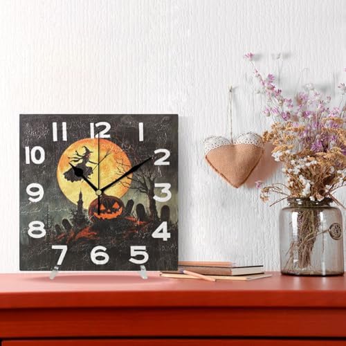Moderate 8 Inch Square Wall Clock, Halloween Cemetery Carved Pumpkin Flying - Image 4
