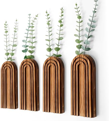 Ziliny 4 Pack Boho Wall Planters Wood Hanging Vases Indoor, Dark Brown by Ziliny
