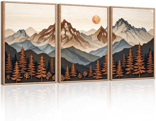 HLNIUC Boho Woodcut Mountain Framed Canvas Wall Art, Large Sun Forest Wall Decor by HLNIUC