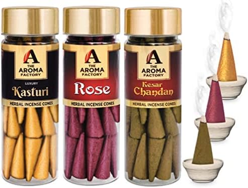 The Aroma Factory Organic Incense Dhoop Cones 3x30 Cones Jute Gift Set with Holder (Royal Luxury)