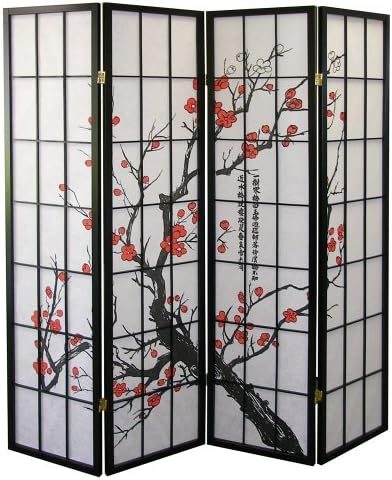 Roundhill Furniture Black Japanese 4-Panel Screen Room Divider, Plum Blossom by RoundhillFurniture