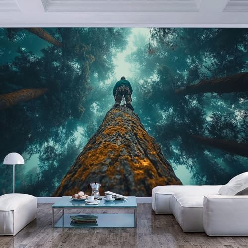 Teal Brown 3D Large Wall Mural Wallpaper Person on Tree in Misty Forest Natural by Unknown