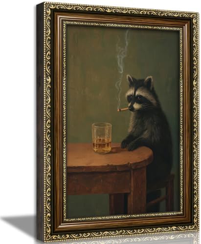 Vintage Gold Framed Smoking Raccoon Wall Art, Moody Dark Funny Animal Whiskey by VintageGoldFramedwallart