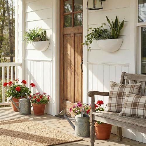 MyGift White Ceramic Wall Planters Half Bowl Hanging Vase Set of 2 - Image 6