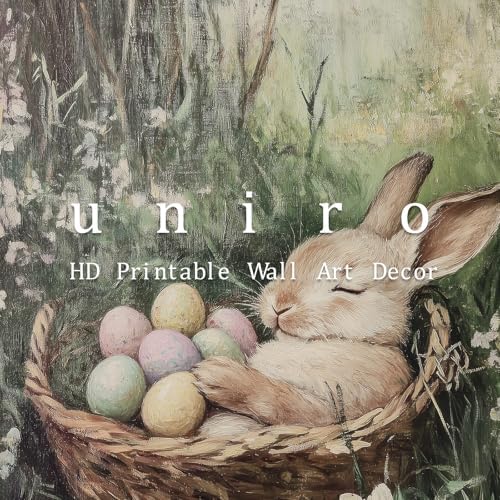 uniro Vintage Easter Rabbit Canvas Wall Art Print, Coloured Eggs and Bunny - Image 6