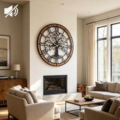 24 Inch Tree of Life Wall Clock, Silent Farmhouse Wood and Metal Decor - Image 5