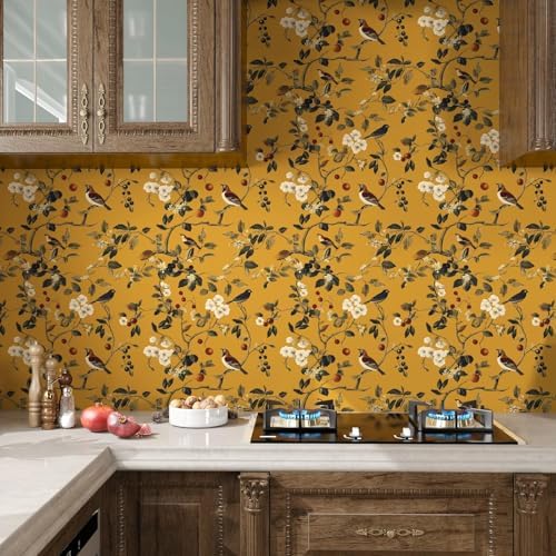 Laatse Vintage Yellow Floral Bird Wallpaper Peel and Stick 17.5"x118" - Image 3