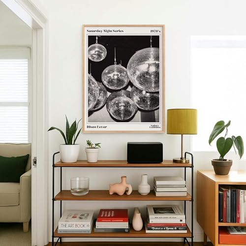 70s Disco Ball Wall Art 8x10in Wood Grain Frame Vintage Black and White - Image 5
